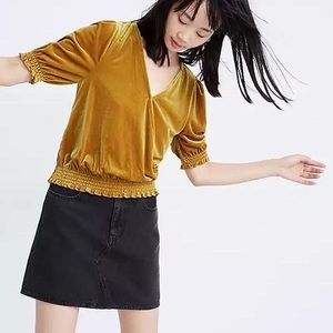 Madewell Mustard Yellow Velvet Smocked Faux Wrap Short sleeve Top Size XS